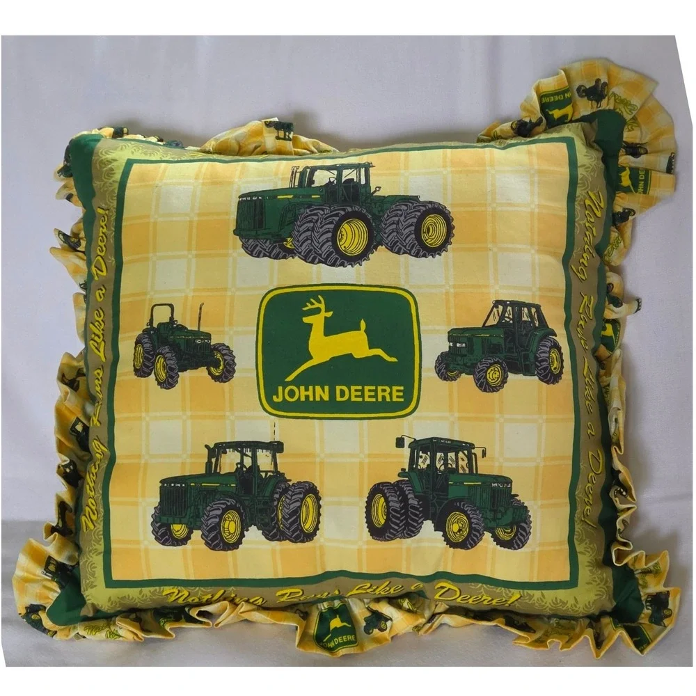 John Deere Throw Pillow Green Yellow Ruffled Tractor Plaid Accent